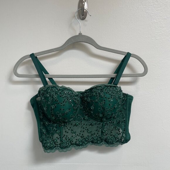 Windsor Green Beaded Rhinestone Crop Corset Bustier Size Medium - Picture 2 of 2